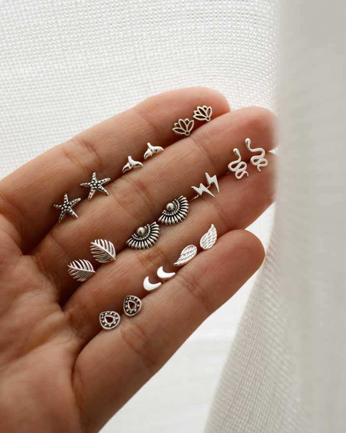 Celtiana | Brincos pequenos (ear studs) com formas variadas em Prata 925 sem Níquel