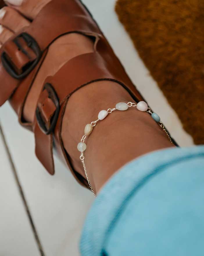 Tornozeleira, Pulseira de Pé ajustável em Prata 925 sem Níquel e Cristais Ágata
