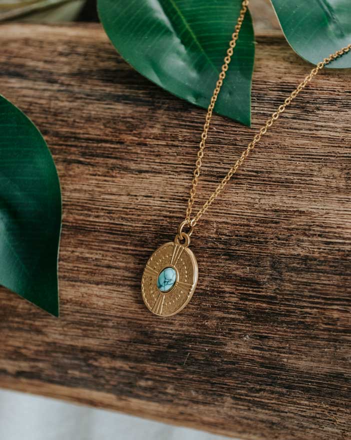 Celtiana | Colar Edern - Colar dourado em Aço Inoxidável sem Níquel com Pedra Natural/Cristal Turquesa