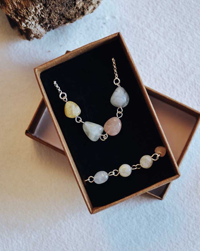Conjunto de Colar e Tornozeleira em Prata 925 sem Níquel com Cristais Ágata - Celtiana | Pack Edris